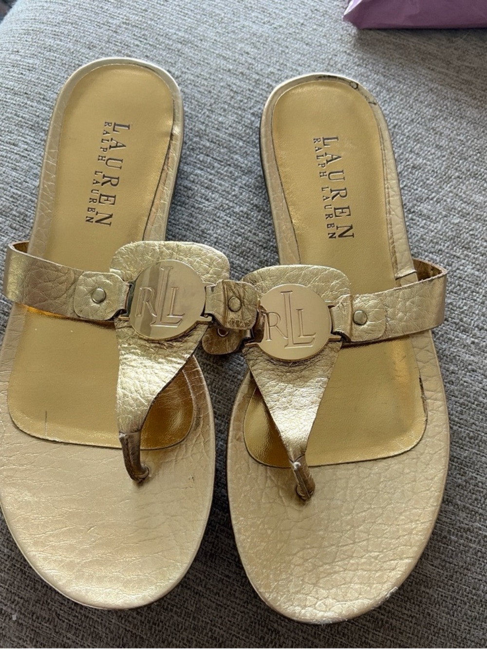 Lauren Ralph Lauren Metallic Gold RL Medallion Thong Sandals